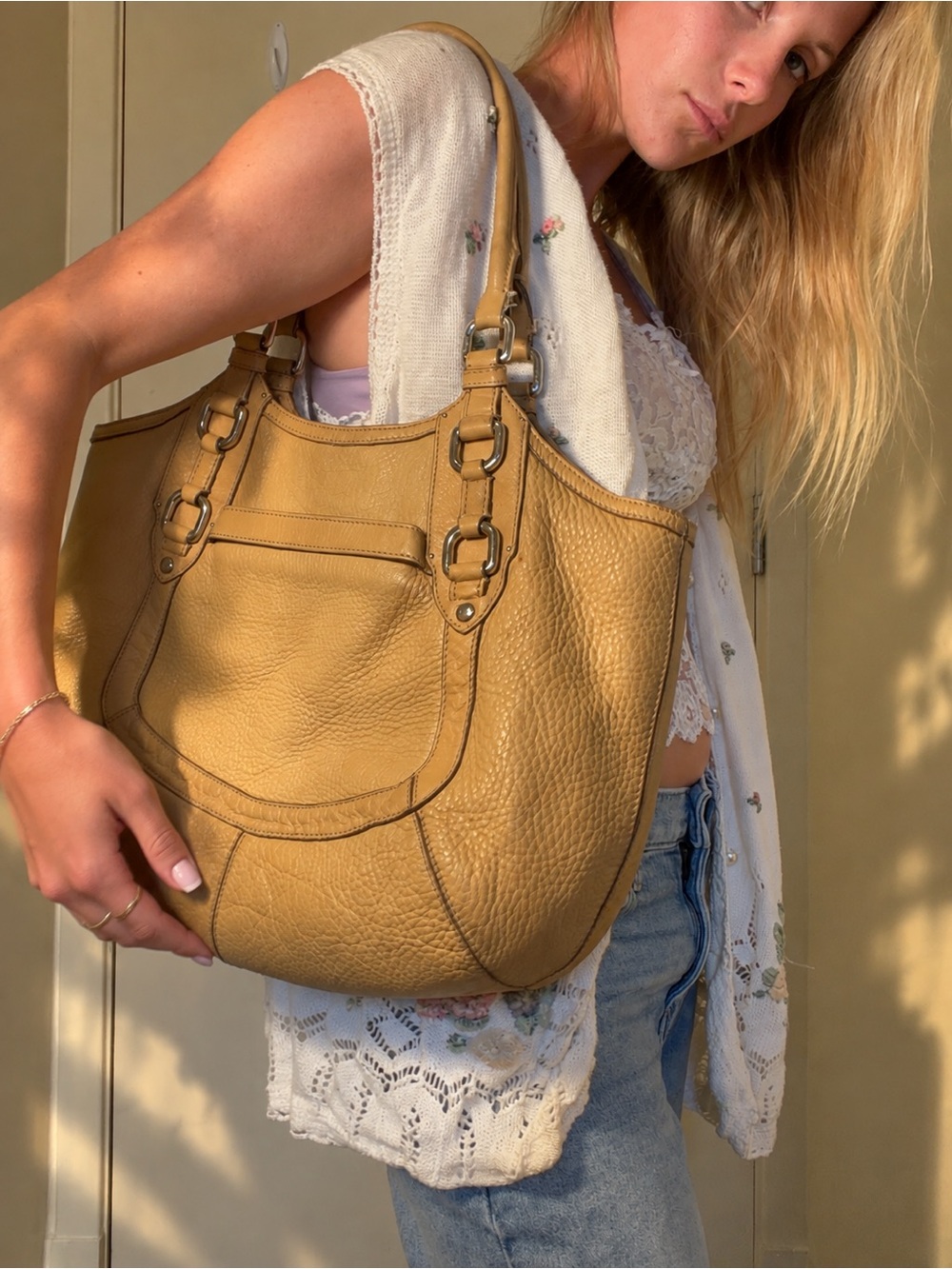 Cole Haan Tan Pebbled Leather Large Shoulder Bag Tote Purse